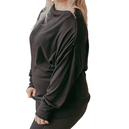 Black Ribbed Shoulder Zip Top - The Boutique Outlet