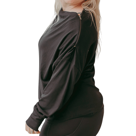 Black Ribbed Shoulder Zip Top - The Boutique Outlet